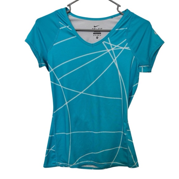 Nike Women's Teal & White line Geometric design Short Sleeve Tee Size XS - Picture 1 of 11